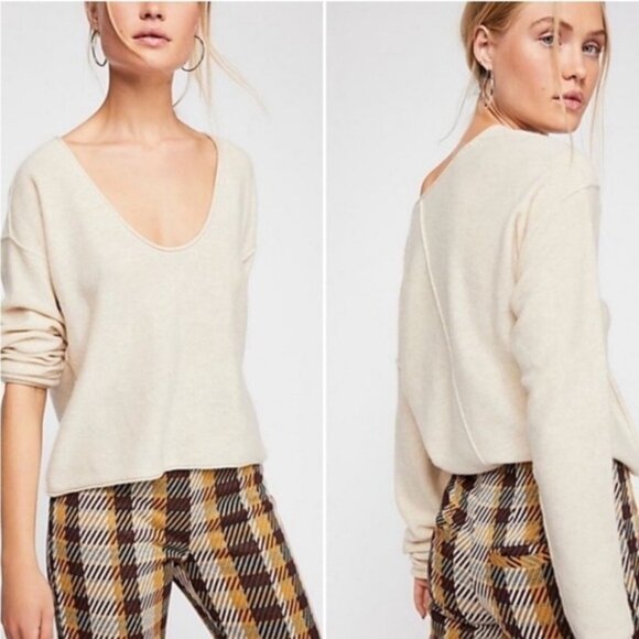 FP Now or Never Oatmeal Cashmere Silk V-neck Lightweight Pullover Sweater XS - Picture 6 of 10